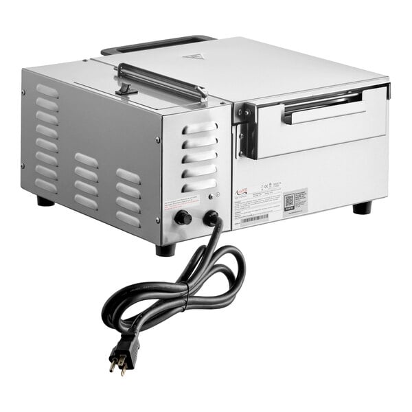 A stainless steel countertop tortilla and portion steamer with a power cord and control knobs.