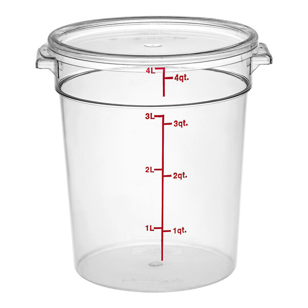 A clear Choice round polycarbonate food storage container with measurements on it.
