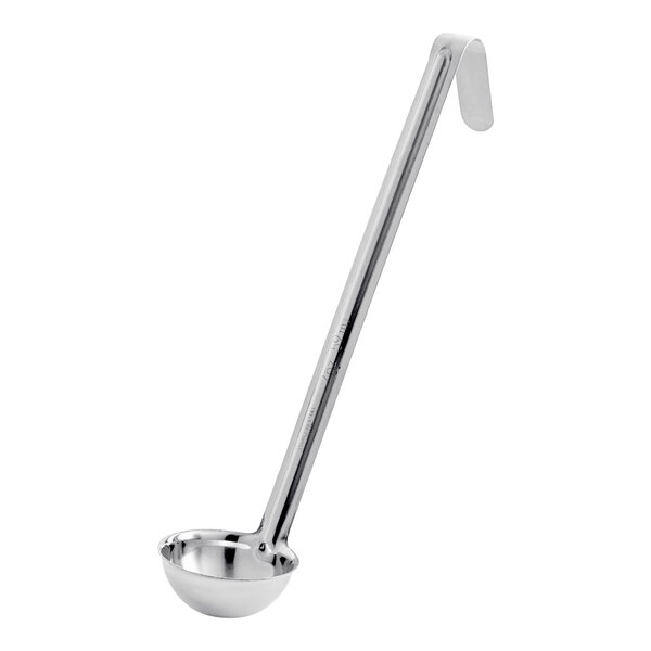 A stainless steel ladle with a long handle and a 2 oz. capacity.