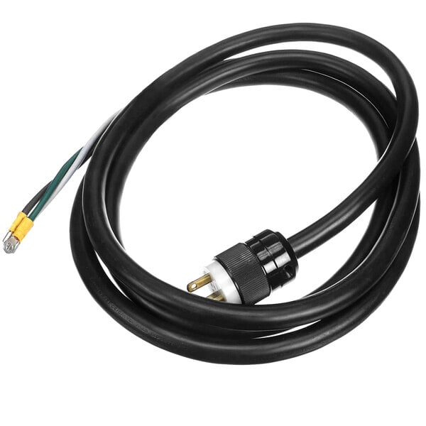 A black power cord with a yellow plug on the end.