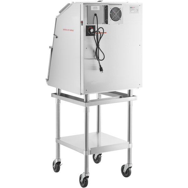 A white ServIt chip warmer on a metal stand.