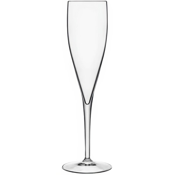 A Luigi Bormioli Accademia Vino flute glass with a long stem on a white background.