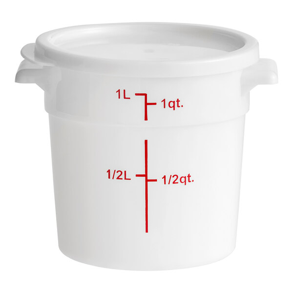 A white polypropylene food storage container with red measurements on the lid.