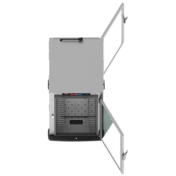 A white rectangular refrigerator with open doors.