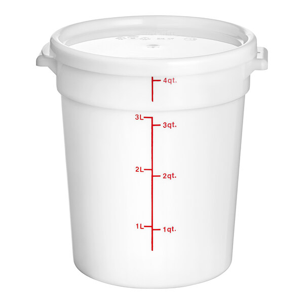 A white Choice polypropylene food storage container with measurements on it.