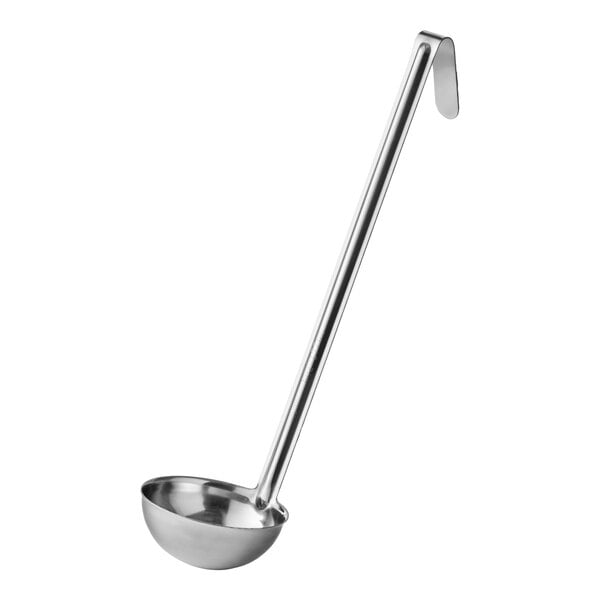A stainless steel ladle with a deep bowl and a hooked handle.