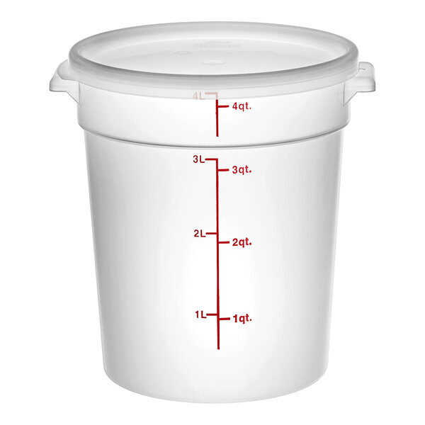 A white translucent Choice polypropylene food storage container with red measurements on the side.