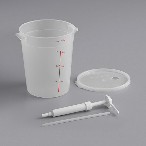 A white plastic container with a Choice condiment pump kit inside.