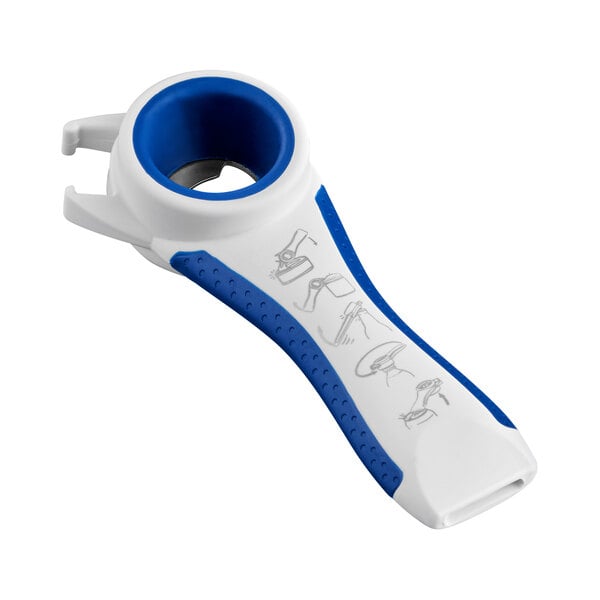 A white and blue handheld tool with a circular opening, textured grip, and small illustrated instructions on the handle.