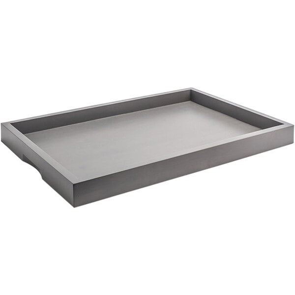 A gray rectangular bamboo Room360 serving tray.