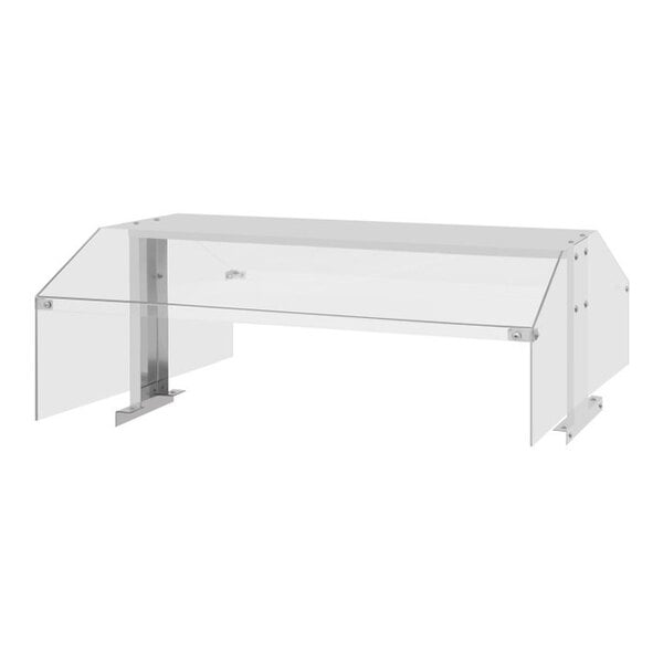 A transparent, rectangular sneeze guard with angled side panels and metal support brackets.