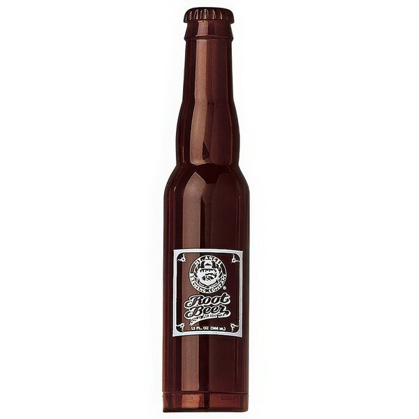 A Franmara amber thermoplastic bottle-shaped bottle opener opening a brown bottle with a white label.