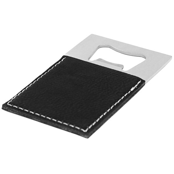 A Franmara Suave bottle opener with a black leather cover with white stitching.