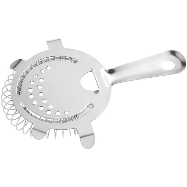 A silver stainless steel Choice Hawthorne strainer with holes and a handle.