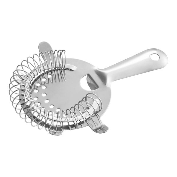 A stainless steel Hawthorne strainer with four prongs and a coiled spring for straining cocktails.