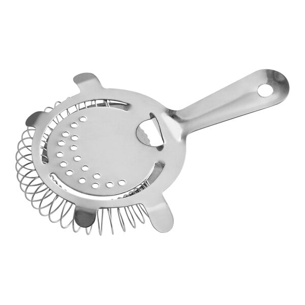 A stainless steel Hawthorne strainer with four prongs and a coiled spring, used for straining cocktails.