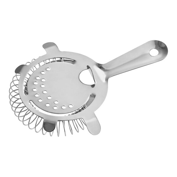 A stainless steel Hawthorne strainer with four prongs and a coiled spring for straining cocktails.