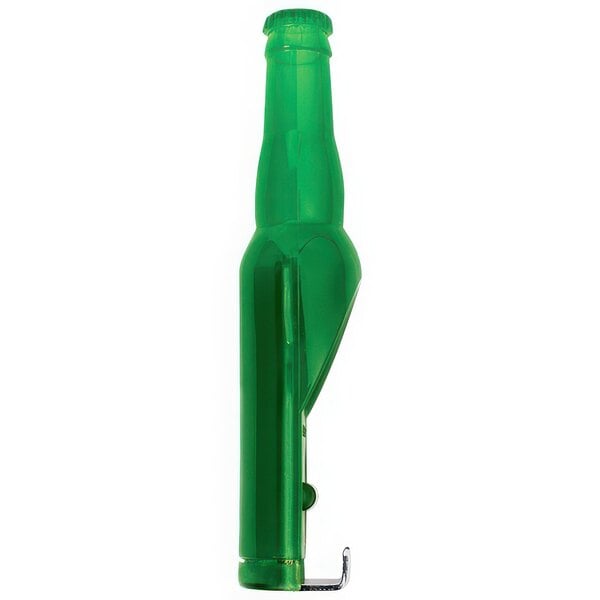 A green thermoplastic bottle-shaped bottle opener with a metal hook.