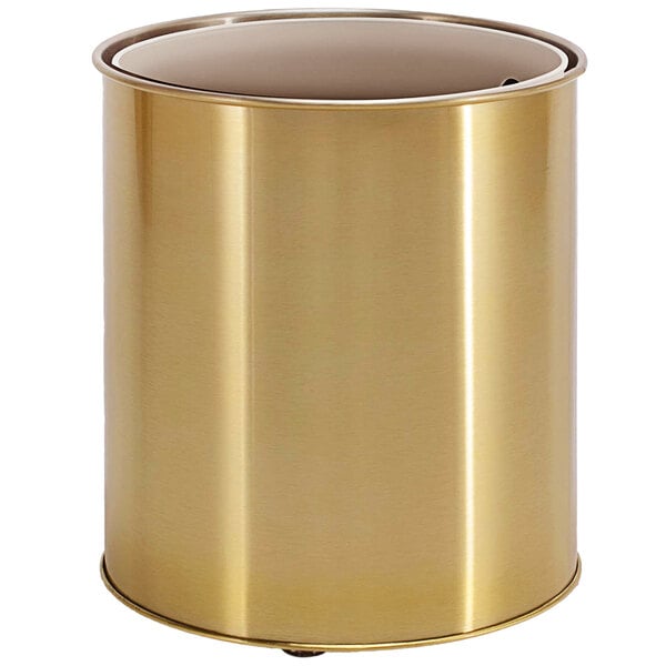 A matte brass finish brushed stainless steel wine/champagne cooler with a lid.