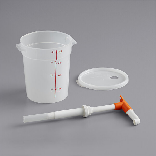 A white plastic container with a white pump and tube.