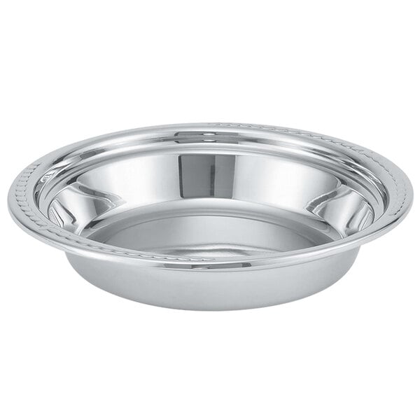 A silver stainless steel food pan with a rim.