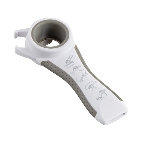 A white and gray handheld tool with a circular metal opening and various illustrated instructions on the handle.