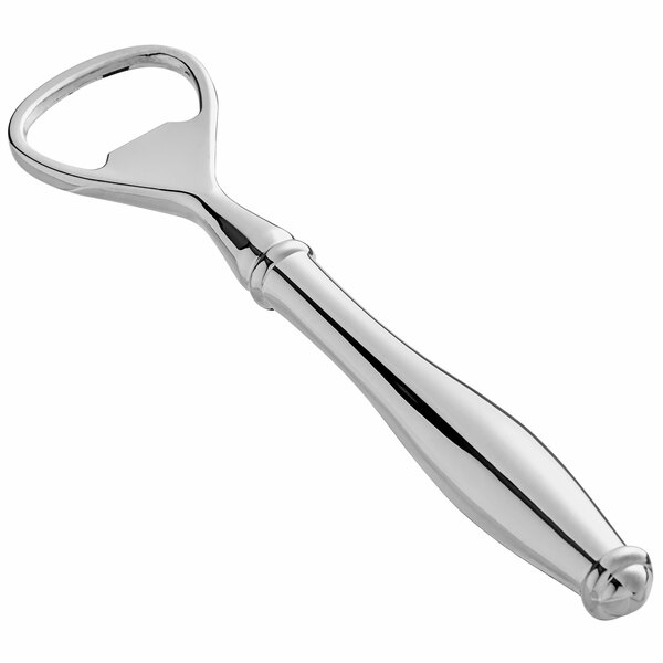 a silver bottle opener with a long handle