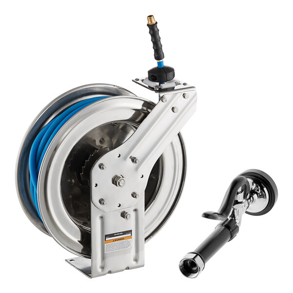 An open stainless steel hose reel with a 50-foot blue hose and a spray valve.