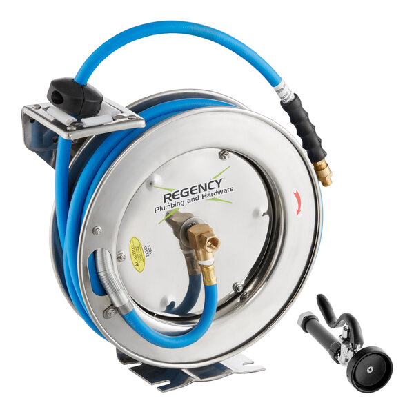 A stainless steel hose reel with a 35-foot blue hose and a spray valve attachment.