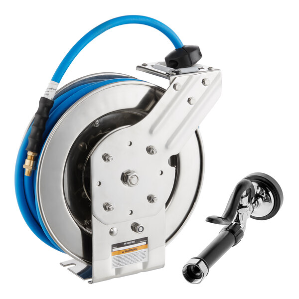 A stainless steel hose reel with a 35-foot blue hose and a spray valve attachment.