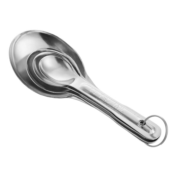A set of four stainless steel measuring spoons held together by a metal ring.