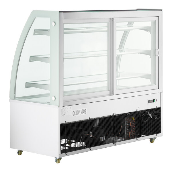A white 61-inch refrigerated bakery display case with three glass shelves, curved glass front, and LED lighting.