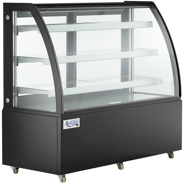 A black Avantco refrigerated bakery display case with curved glass doors and three shelves.