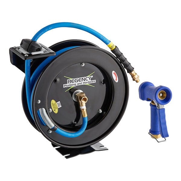 A powder-coated steel hose reel with a 30-foot hose and a heavy-duty front trigger water gun.