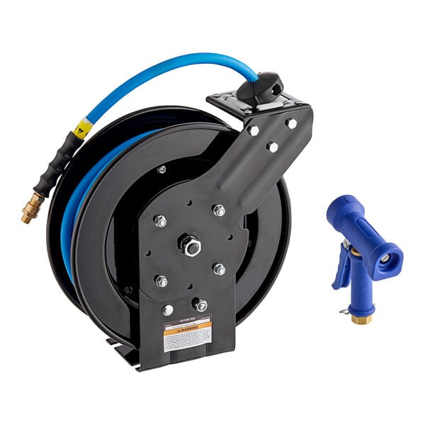 A powder-coated steel hose reel with a 30-foot blue hose and a heavy-duty front trigger water gun.