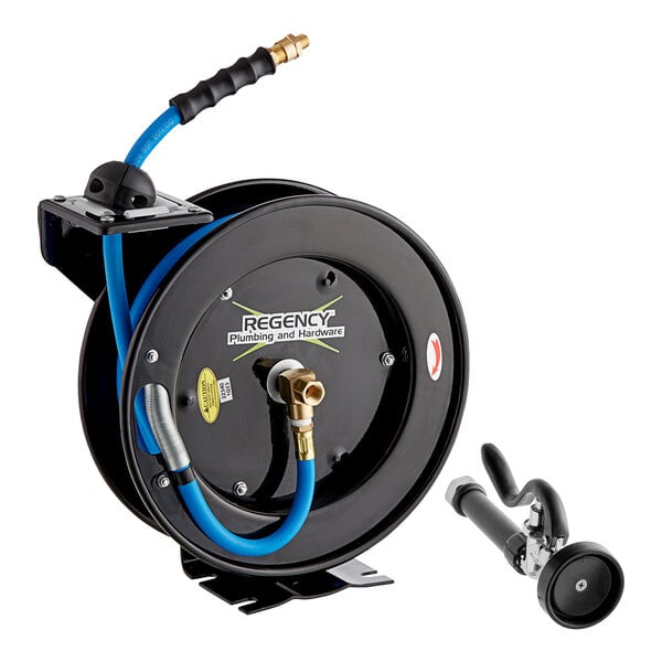 A powder-coated steel hose reel with a 15-foot hose and a spray valve attachment.