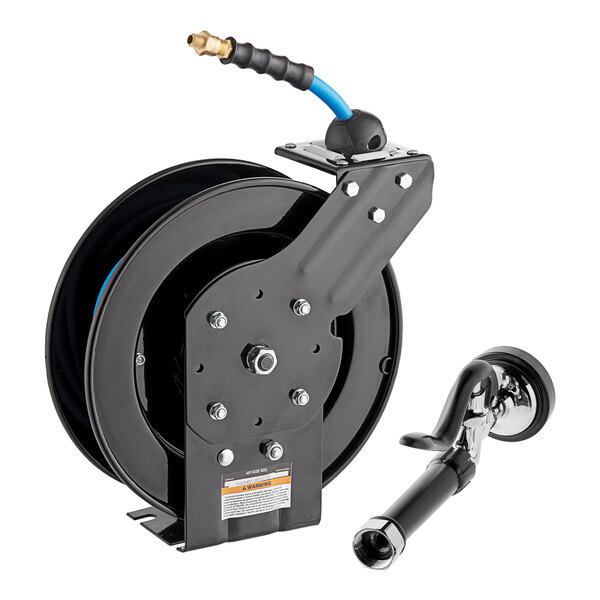 A powder-coated steel hose reel with a 15-foot hose and attached spray valve.