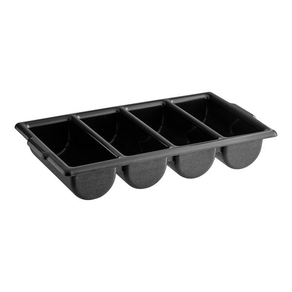 A Tablecraft black plastic tray with four compartments.