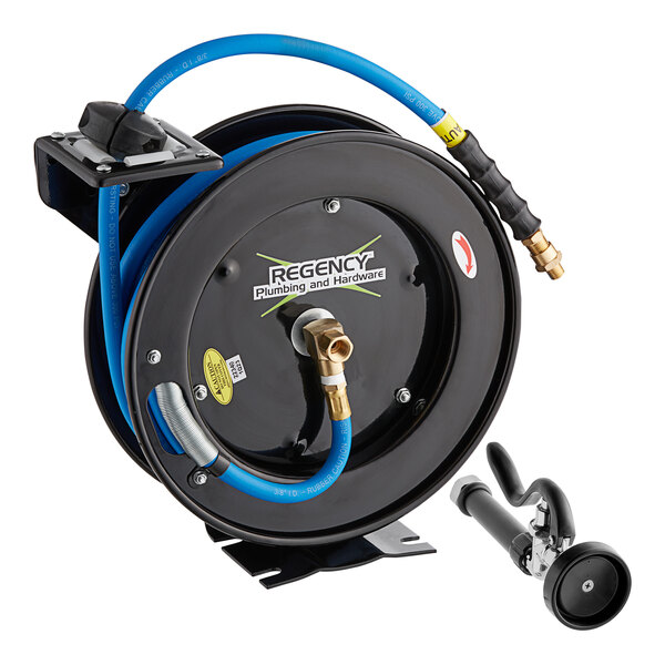 A powder-coated steel hose reel with a 30-foot blue hose and a spray valve attachment.