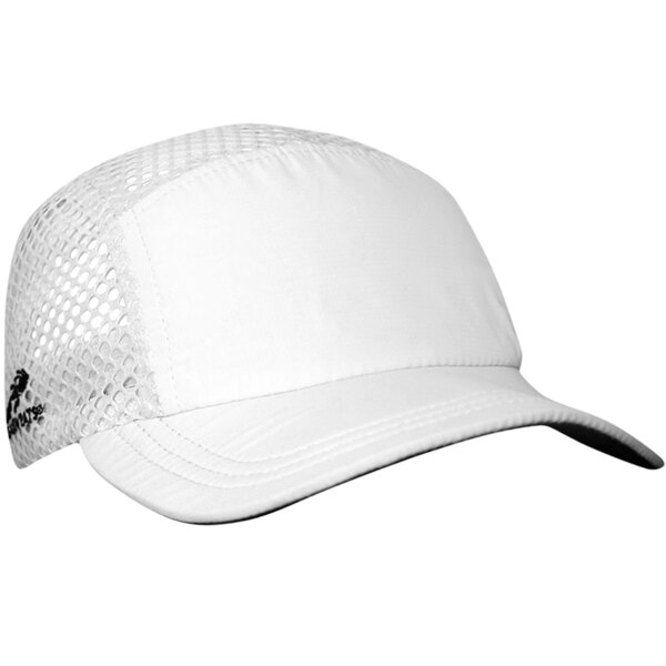 A white Headsweats crusher hat with mesh trim.