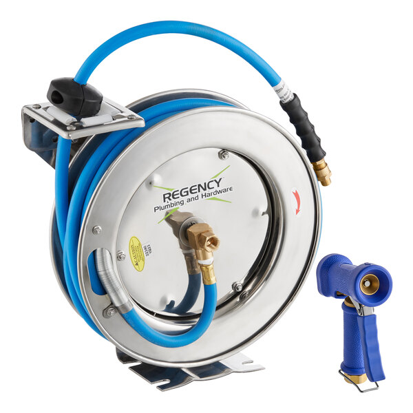 Regency Open Stainless Steel Hose Reel with 35' x 3/8" Hose and Heavy-Duty Front Trigger Water Gun