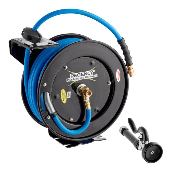 A powder-coated steel hose reel with a 50-foot blue hose and a spray valve attachment.