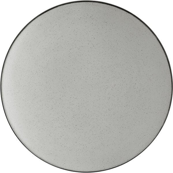 A white melamine plate with a black rim.