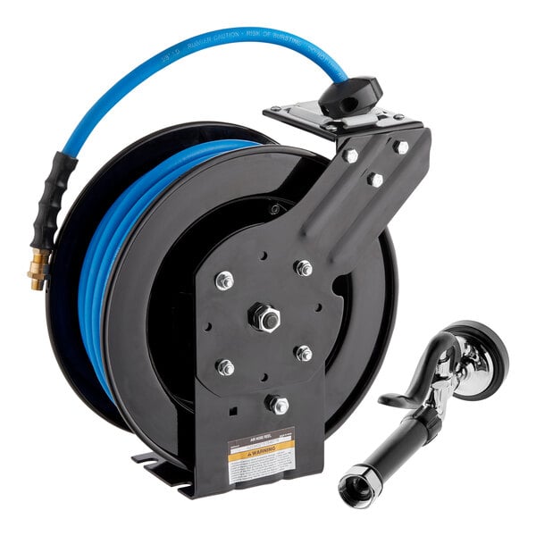 A powder-coated steel hose reel with a 50-foot blue hose and a spray water gun attachment.