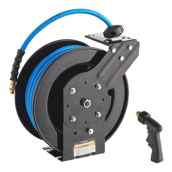 A powder-coated steel hose reel with a 50-foot blue hose and a black spray water gun attachment.