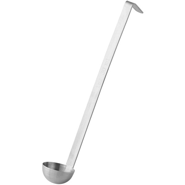 A long metal ladle with a bowl on a white background.
