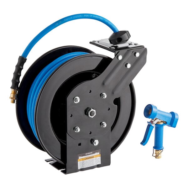A black and blue Regency hose reel with a hose and spray gun.