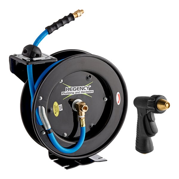 A powder-coated steel hose reel with a 15-foot blue hose and a black spray water gun.