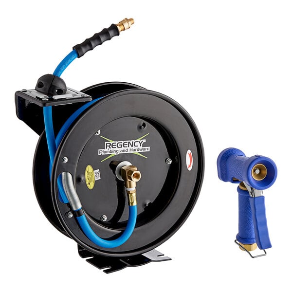 A powder-coated steel hose reel with a 15-foot blue hose and a heavy-duty front trigger water gun.