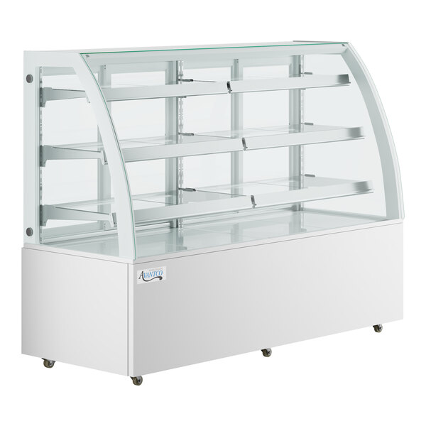 An Avantco white 3-shelf dry bakery display case with curved glass doors.